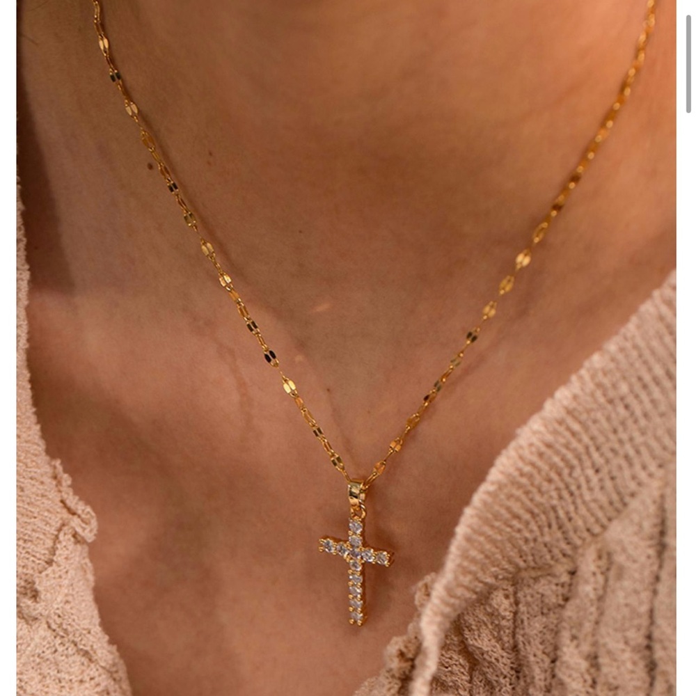Gold Cross Pendant Necklace with Cubic Zirconia - Women - Picture 3 of 7